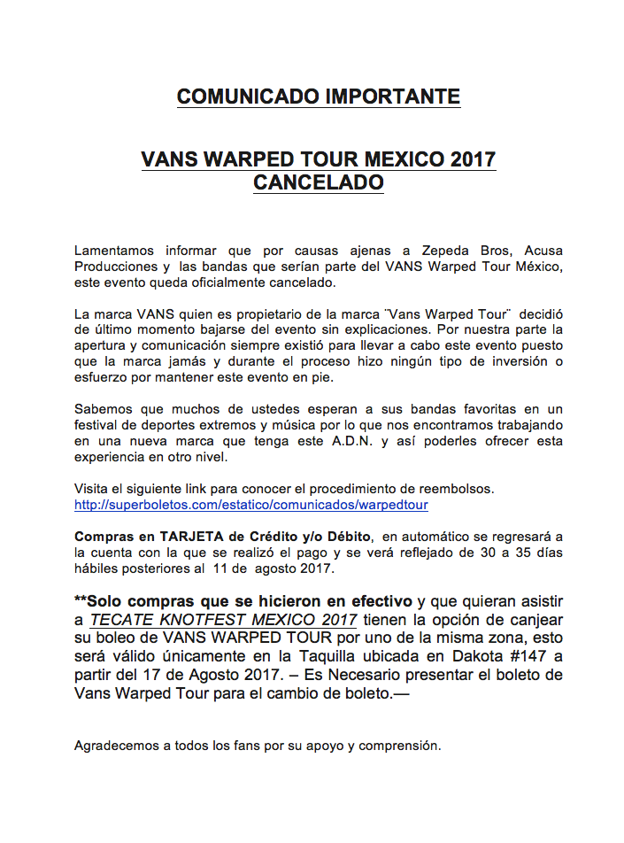 Warped Tour 2017 cancelación